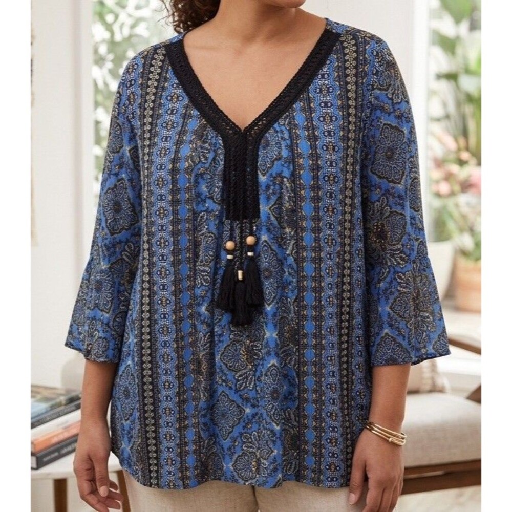 Studio Works Top Plus Sz 2X Bell Sleeve Tassel Tie Shirt Floral Boho Festival